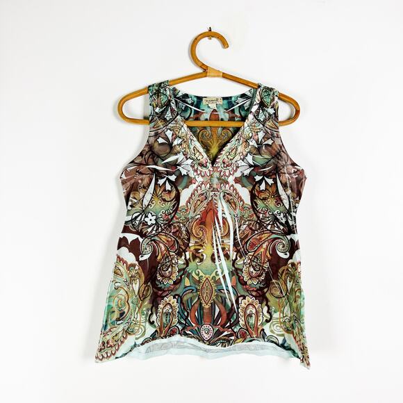Vintage 90s yk2 One World green boho patterned printed tank top Size Medium - Picture 4 of 7